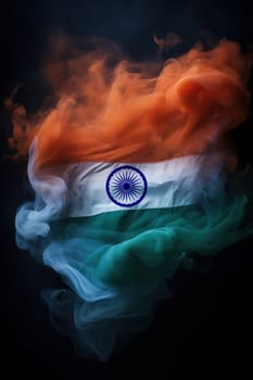 Vibrant Indian flag made from swirling clouds of orange, white, green smoke on dark background, symbolizing Indian Independence Day. Celebrating India's culture and national pride. Generative AI