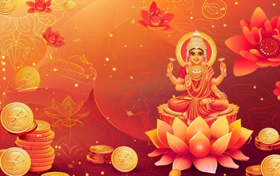 A tribute to Goddess Lakshmi on Akshaya Tritiya, illustrated with a deity on a lotus amidst golden coins on an ornate red backdrop