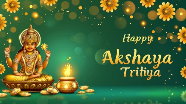 A vibrant greeting for Akshaya Tritiya featuring the Hindu goddess of wealth, sitting amidst gold coins and a lit diya