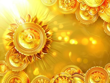 A radiant sun motif, symbolic of growth and prosperity, adorns this Akshaya Tritiya greeting, complemented by a golden glow