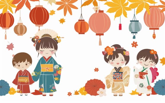 A vibrant illustration depicting a joyful autumn scene with children in traditional Japanese kimonos surrounded by fall foliage, lanterns, and other cultural elements