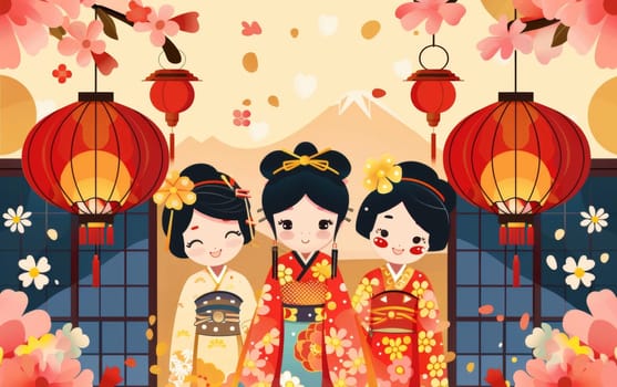 Three young Japanese girls dressed in colorful, traditional kimonos stand surrounded by vibrant floral patterns, red lanterns, and a serene Mount Fuji backdrop