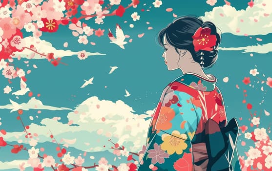 A young Japanese woman in a vibrant floral kimono stands amidst a serene, blossoming sakura landscape, her poise and grace complementing the natural beauty of the scene