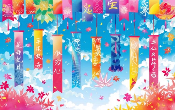 Vibrant Tanabata festival illustration with colorful streamers, Japanese text, and fireworks on a blue sky background