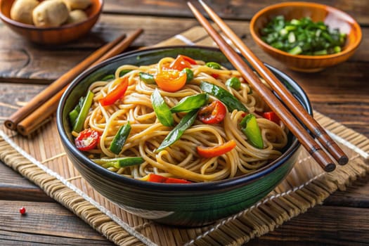 Vegetarian Stir-Fried Noodles in a black bowl on a wooden background. Ai generated image