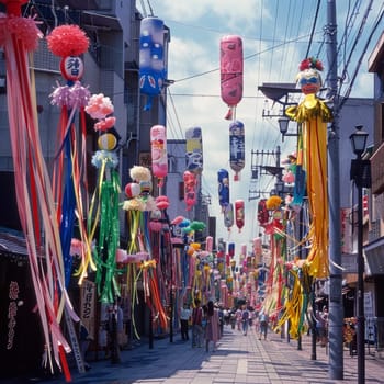 A festive street lined with colorful banners and decorations celebrating Japans Tanabata festival, under a clear blue sky