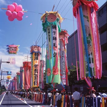 Streets adorned with myriad Tanabata decorations, creating a festive ambiance with a traditional Japanese aesthetic