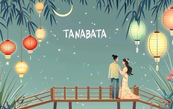 An evocative illustration of a couple on a bridge during Tanabata, surrounded by lanterns and a crescent moon