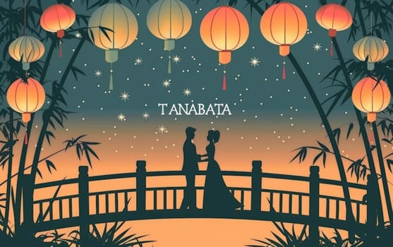 A captivating Tanabata twilight scene with silhouetted lovers on a bridge, amidst bamboo and glowing lanterns