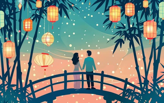 A digital art piece capturing the magic of Tanabata, showing a couple by lantern light on a tranquil bridge