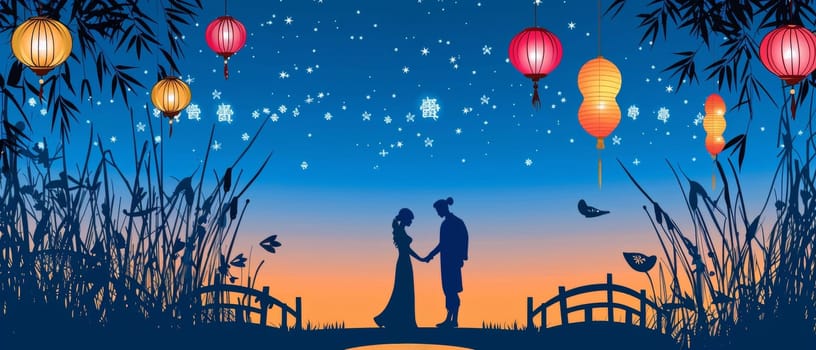A serene Tanabata scene with silhouetted figures beneath a sky of stars and floating paper lanterns