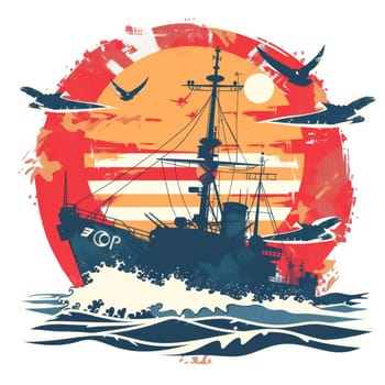 A retro graphic of a ship with seagulls set against an orange sun, reflecting the golden age of sea exploration