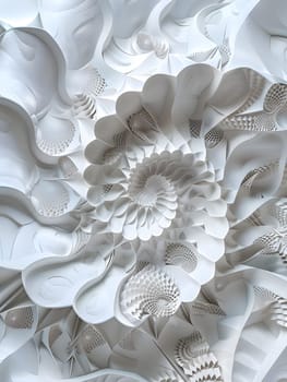 A closeup shot of a white flower sculpture featuring intricate petal patterns. This art piece would make a stunning motif for linens or a fashion accessory