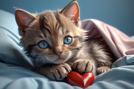 Cute kitten with red heart, isolated on blue background .