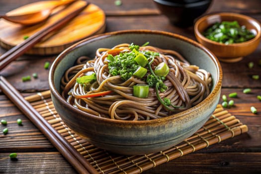 Soba noodles with green onion and mixed vegetables in a ceramic bowl on a wooden background. Ai generated image