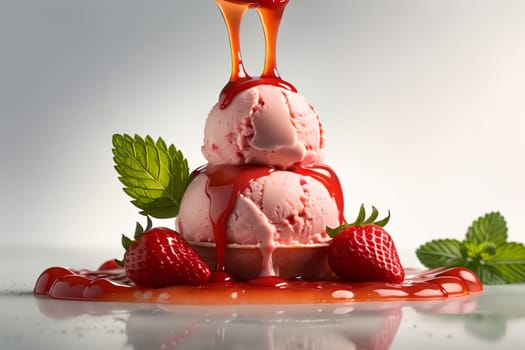 strawberry ice cream with strawberry syrup and mint .