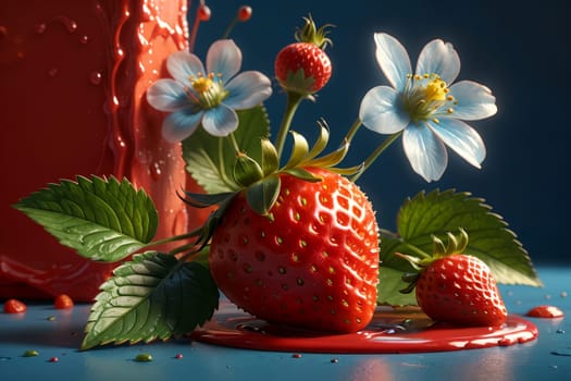 red ripe strawberry spring on a blue background .