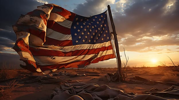 Memorial Day: American flag waving in the desert at sunset. 3d illustration.