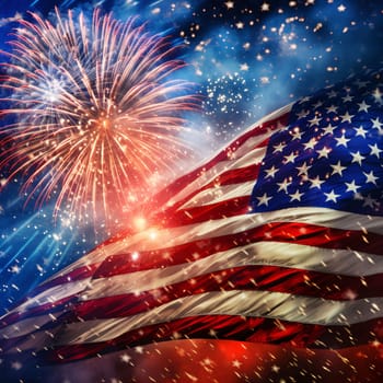 Memorial Day: American flag with fireworks in the night sky. Independence Day background.