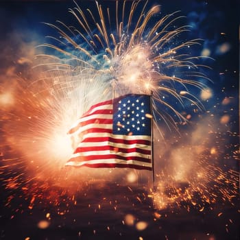 Memorial Day: American flag with fireworks and sparks on dark sky background. Independence day