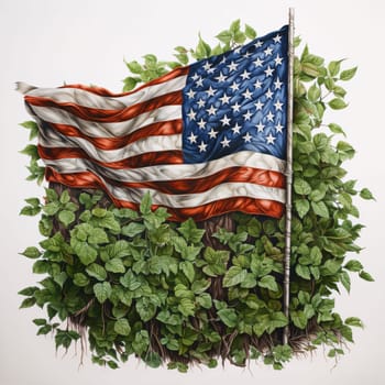 Memorial Day: American flag on white background with green leaves. 3d illustration.