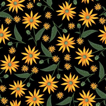 Topinambur Flower Seamless Pattern. Hand Drawn Floral Digital Paper on Black Background.