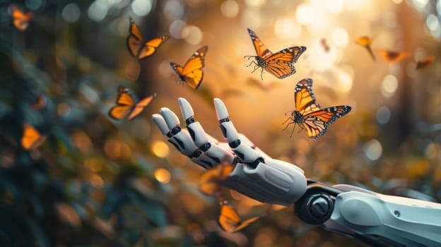 A robot releasing a handful of butterflies into the air, Futuristic and magic of the natural world.