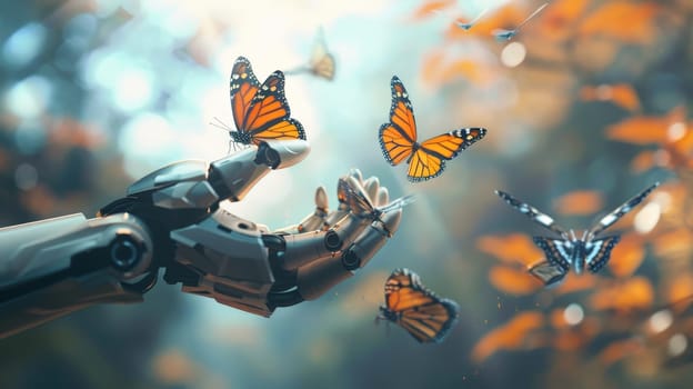 A robotic hand is holding a butterfly. The butterfly is surrounded by other butterflies, creating a sense of freedom and beauty. The image conveys a feeling of wonder and awe at the natural world