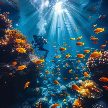 Photography: Scuba diver swimming over coral reef with fishes. Underwater world.