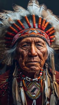 A tribal chief with a feathered headdress and necklace at a cultural event. Closeup painting captures the wrinkles on his flesh, showcasing Native American art and visual arts at its best