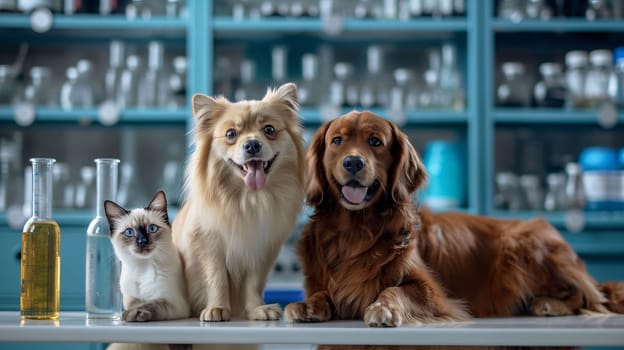 Photography: group of dogs and cat in a veterinary clinic. pet care concept