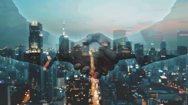 Double exposure of business people shaking hands for successful investment deal and city background, teamwork and partnership concept.