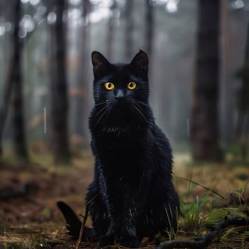 Photography: Black cat sitting on the ground in the forest. Halloween concept.