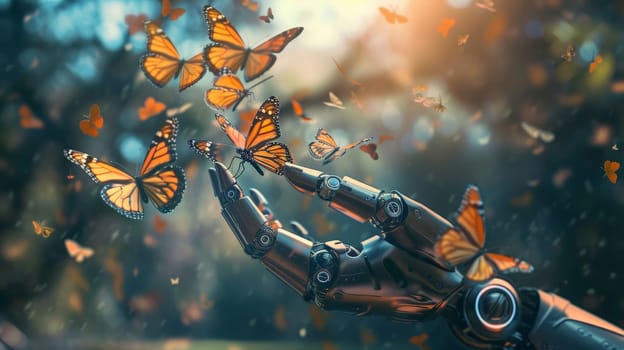 A robot releasing a handful of butterflies into the air, Futuristic and magic of the natural world.