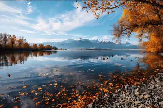 Photography: Beautiful autumn landscape with lake and snow-capped mountains.