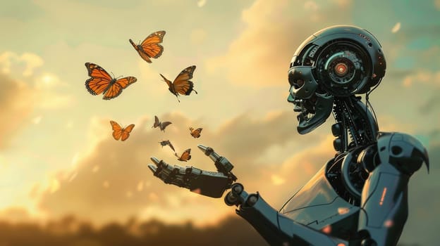 A robot releasing a handful of butterflies into the air, Futuristic and magic of the natural world.