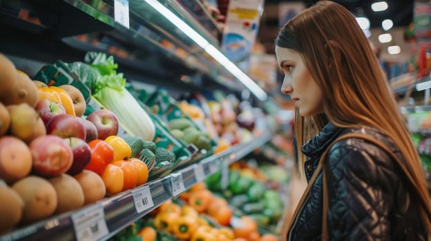Woman buying fresh groceries at the supermarket, Organic grocery shopping and healthy food.