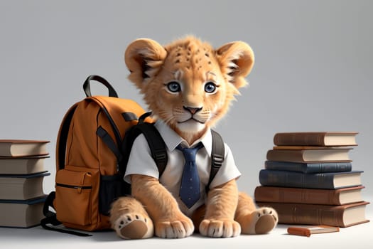 tiger cub schoolboy with backpack and textbooks .