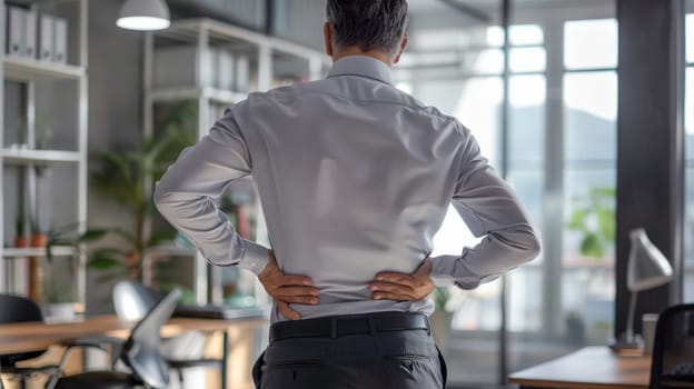Office worker experiencing back pain, Poor posture can lead to back pain, backache, Lumbago.