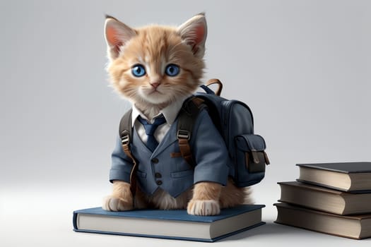 kitten schoolboy with backpack and textbooks .