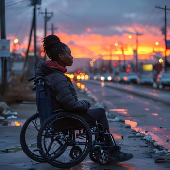 Photography: Young african american woman in a wheelchair on the street at sunset