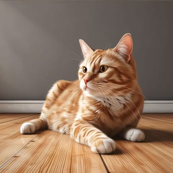 Photography: ginger cat lying on the floor in front of a gray wall