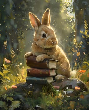 A hare is perched on a stack of books in a natural landscape. Its fawn fur blends with the grass while its curious snout explores the art of literature