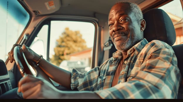 Photography: Portrait of a senior African American man driving a car, looking at camera and smiling.