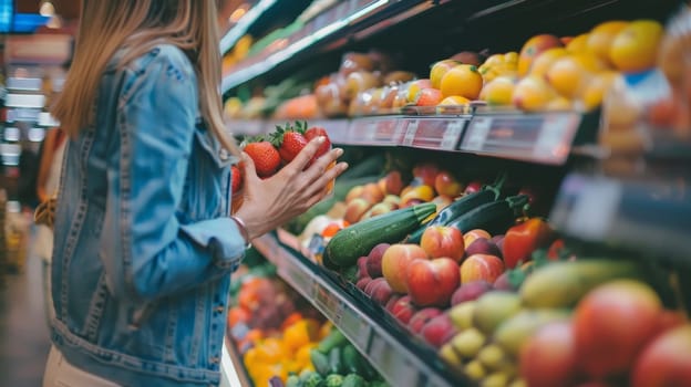 Woman buying fresh groceries at the supermarket, Organic grocery shopping and healthy food.