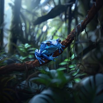 Photography: Blue frog on a branch in a tropical forest. Wildlife scene.