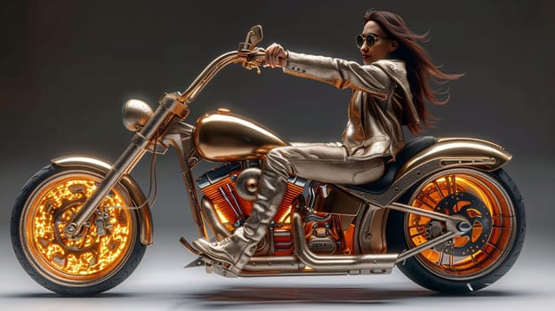 Photography: Biker girl in sunglasses on custom motorcycle. 3D rendering.