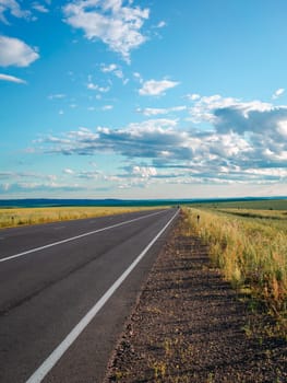 A long, empty country road extends into the horizon beneath a clear blue sky embellished with fluffy white clouds. Golden fields line both sides of the road, creating a serene and peaceful rural landscape.