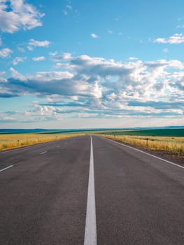 A long, empty country road extends into the horizon beneath a clear blue sky embellished with fluffy white clouds. Golden fields line both sides of the road, creating a serene and peaceful rural landscape.