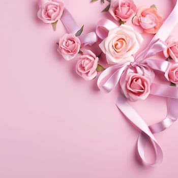 Mother's Day: Pink and white roses with ribbon on pink background. Flat lay, top view